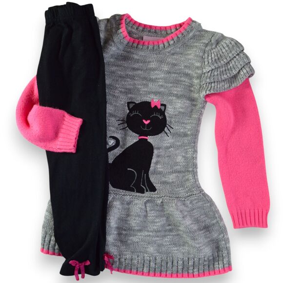 3T Little Lass Sparkly Cat Soft Sweater and Sparkly Black Leggings Outfit Set - Picture 8 of 9